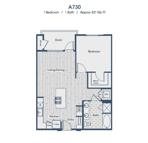 A730 floor plan with one bedroom, one bath, and approximately 821 square feet.